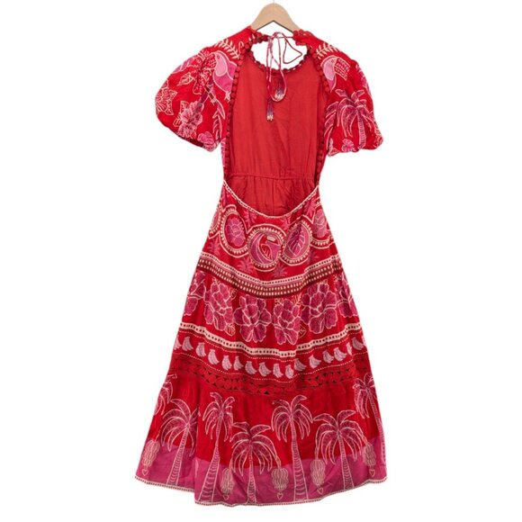 FARM Rio Summer Sunrise Midi Dress Red Short Sleeve Belted Back Cut Out Size S - Picture 2 of 13
